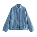 Women's Single-breasted Stand Collar Large Pocket Loose Bomber Jacket - Light Blue