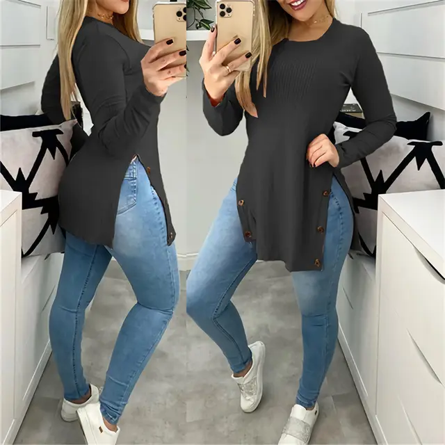 Women's Solid Color Round Neck Loose Sunken Stripe Slit Long sleeved T shirt Black - Shop at LoveMi