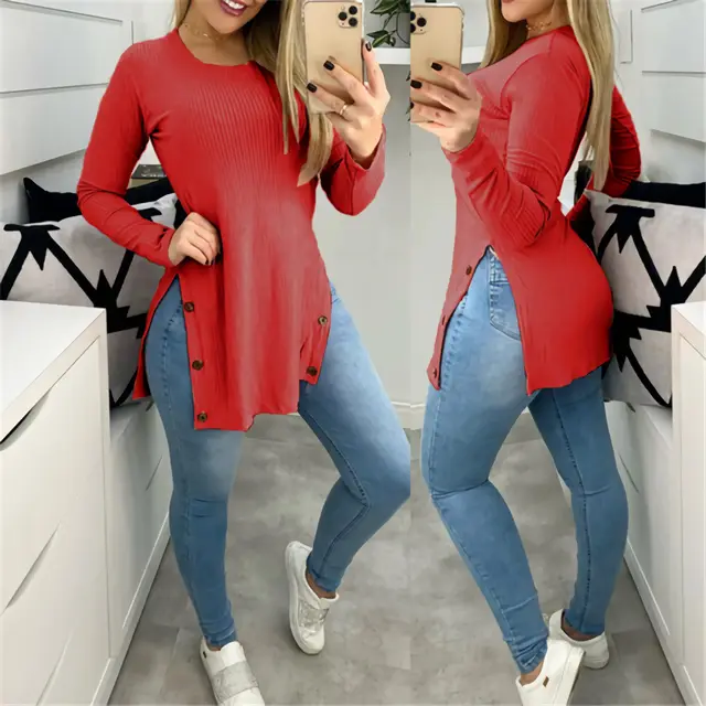Women's Solid Color Round Neck Loose Sunken Stripe Slit Long sleeved T shirt Red - Shop at LoveMi