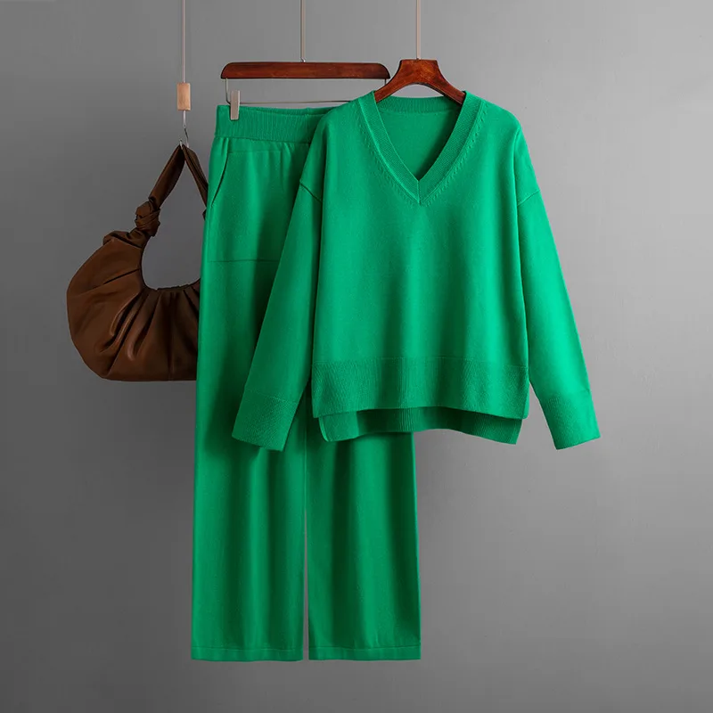 Autumn And Winter New Loose Casual Sweater Pullover Two-piece Set - Green