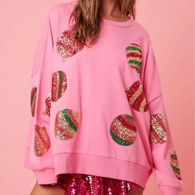 Autumn And Winter Sequined Embroidered Fashionable Round Neck Long Sleeve Sequin Stitching Christmas Sweater For Women Pink - Shop at LoveMi