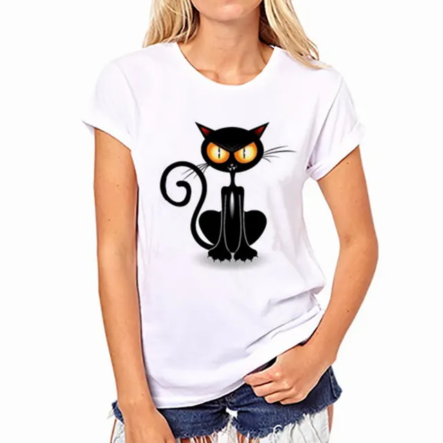 New Women's Black Cat The Print Of Cat's Paw Short Sleeve Loose 11 White - Shop at LoveMi