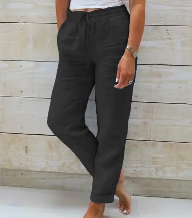 Cotton And Linen Women's High Waist Elastic Waist Solid Color Cotton And Linen Casual Pants Black - Shop at LoveMi
