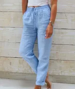 Cotton And Linen Women's High Waist Elastic Waist Solid Color Cotton And Linen Casual Pants - Sky Blue