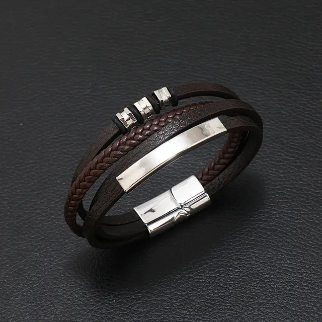 Iron Button Multilayer Leather Bracelet Dark Brown - Shop at LoveMi