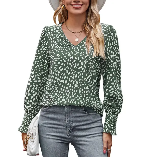 Loose Printed Long Sleeve V neck Chiffon Shirt For Women Green - Shop at LoveMi