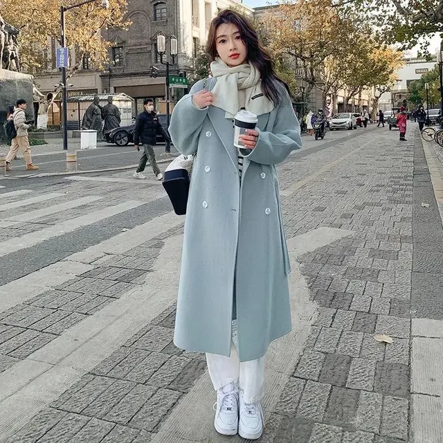 Loose Mid length Lace up Woolen Coat Women Sky Blue - Shop at LoveMi