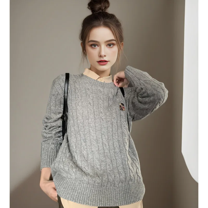 Bear Embroidery Round Neck Sweater For Women Style Lazy Melange Gray - Shop at LoveMi