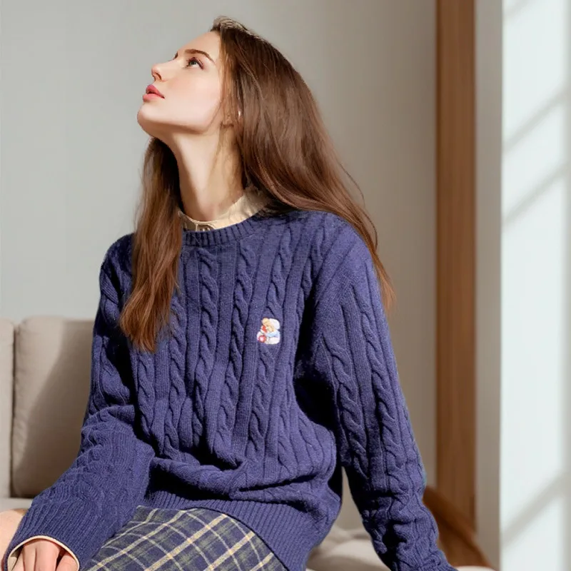 Bear Embroidery Round Neck Sweater For Women Style Lazy Navy - Shop at LoveMi