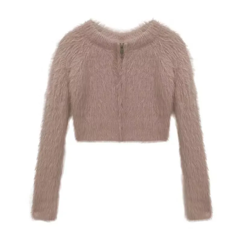 Pure Desire Style Mink like Wool Short Sweater Top Elegant Slim Sexy Niche Cardigan Khaki - Shop at LoveMi