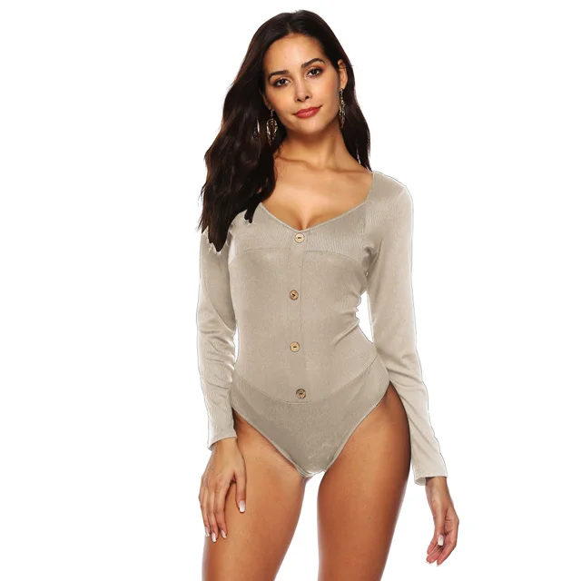 Women's Long sleeved Deep U Backless Button Jumpsuit Bottoming Shirt Apricot Gray - Shop at LoveMi
