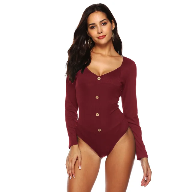 Women's Long sleeved Deep U Backless Button Jumpsuit Bottoming Shirt Purplish Red - Shop at LoveMi