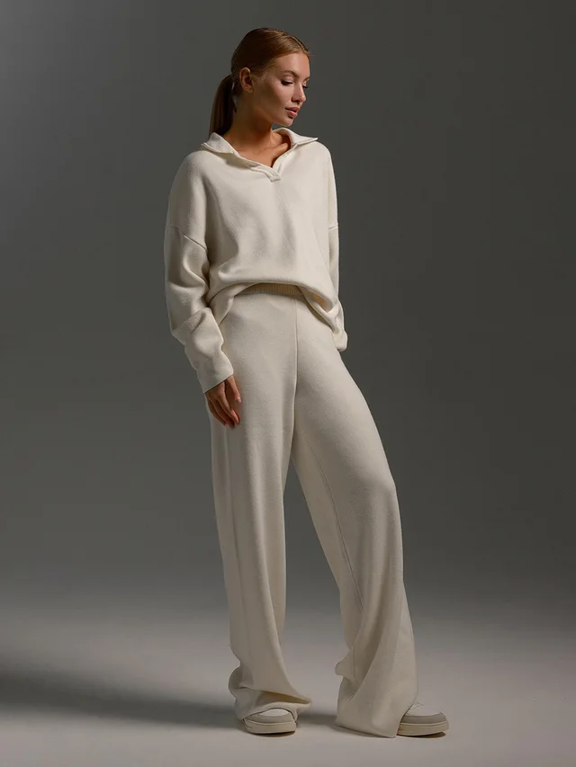 Knitted Pullover Wide Leg Trousers Two piece Set Beige - Shop at LoveMi