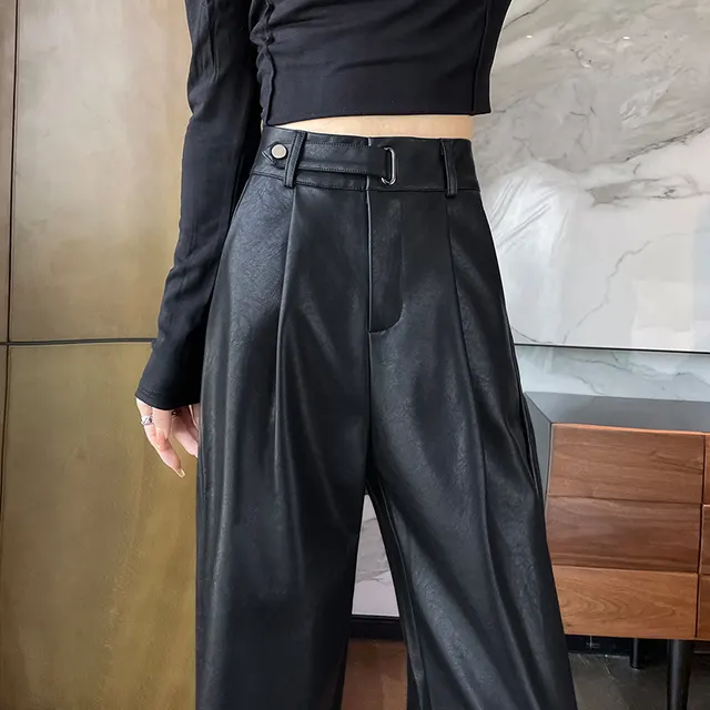 Black Matte Straight Leather Wide leg Pants High Waist Drooping Slimming Off Pants Black Regular Regular - Shop at LoveMi