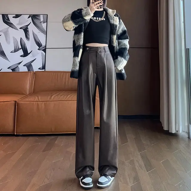 Black Matte Straight Leather Wide leg Pants High Waist Drooping Slimming Off Pants Brown Lengthened - Shop at LoveMi