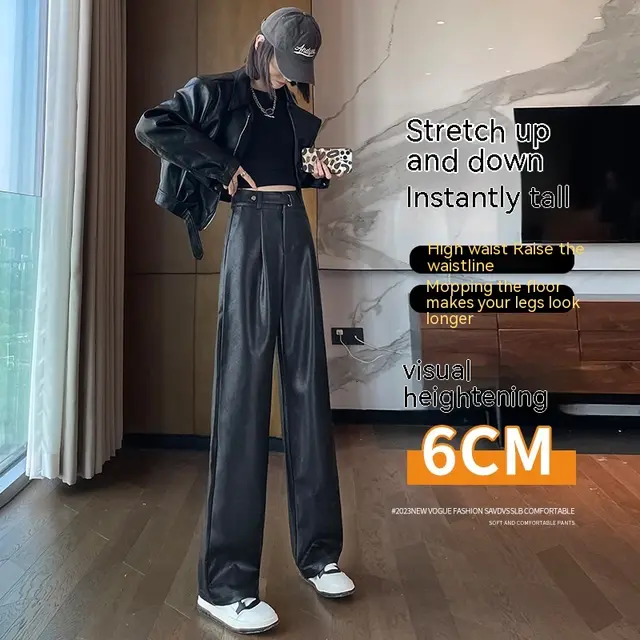 Black Matte Straight Leather Wide leg Pants High Waist Drooping Slimming Off Pants Brown Regular - Shop at LoveMi