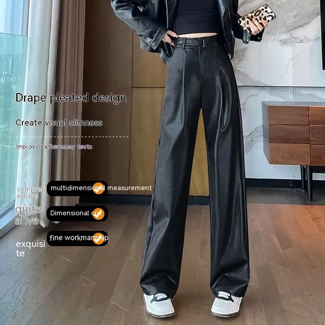 Black Matte Straight Leather Wide leg Pants High Waist Drooping Slimming Off Pants Khaki Regular - Shop at LoveMi