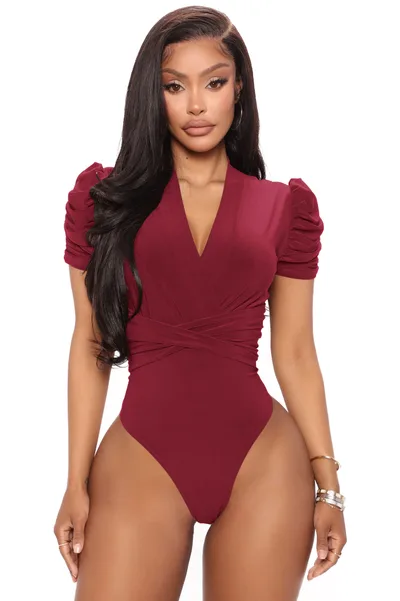 Waist tight Briefs Top Sleeve Folding Jumpsuit Women's Clothing Wine - Shop at LoveMi