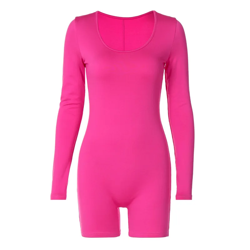 Solid Color Slim Fit Sports Long Sleeve Jumpsuit - Red