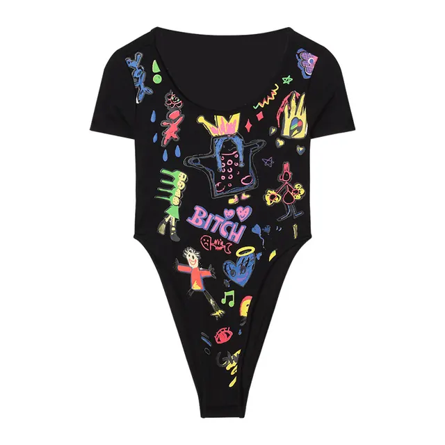 Hollow Out Cartoon Short Sleeve T shirt Women's Summer Short Black - Shop at LoveMi