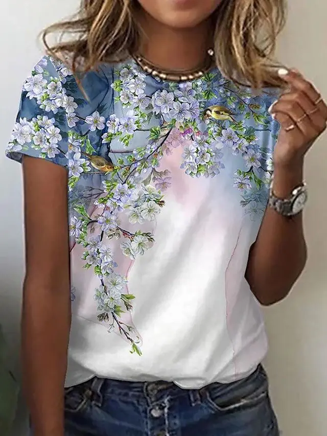 Floral Print Round Neck Short Sleeve T shirt For Women Summer F04 - Shop at LoveMi