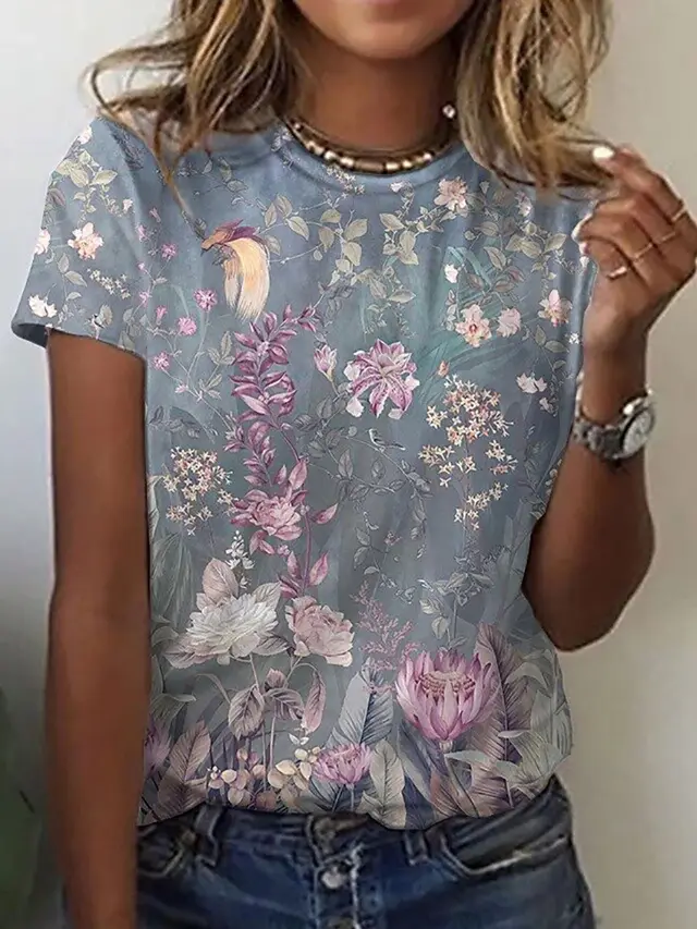 Floral Print Round Neck Short Sleeve T shirt For Women Summer F06 - Shop at LoveMi