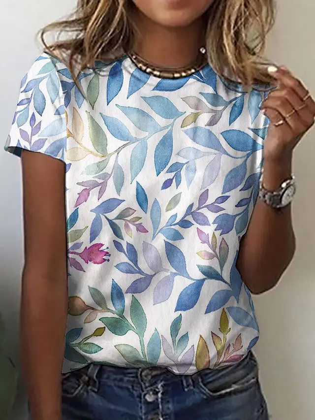 Floral Print Round Neck Short Sleeve T shirt For Women Summer F07 - Shop at LoveMi