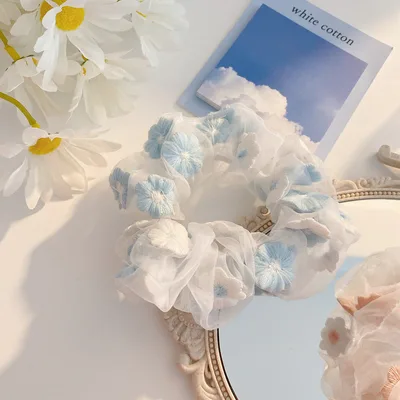 Flower Tie Hair Ring Organza Head Rope Girls' Hair Accessories Sky Blue - Shop at LoveMi