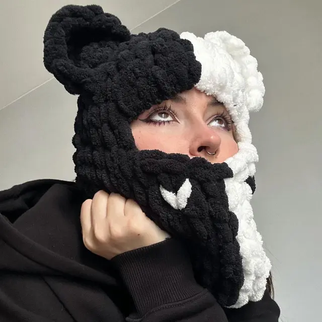 Handmade Knitted Color Matching Sweet Cool Bear Ear Wool Mask Beanie Black White - Shop at LoveMi