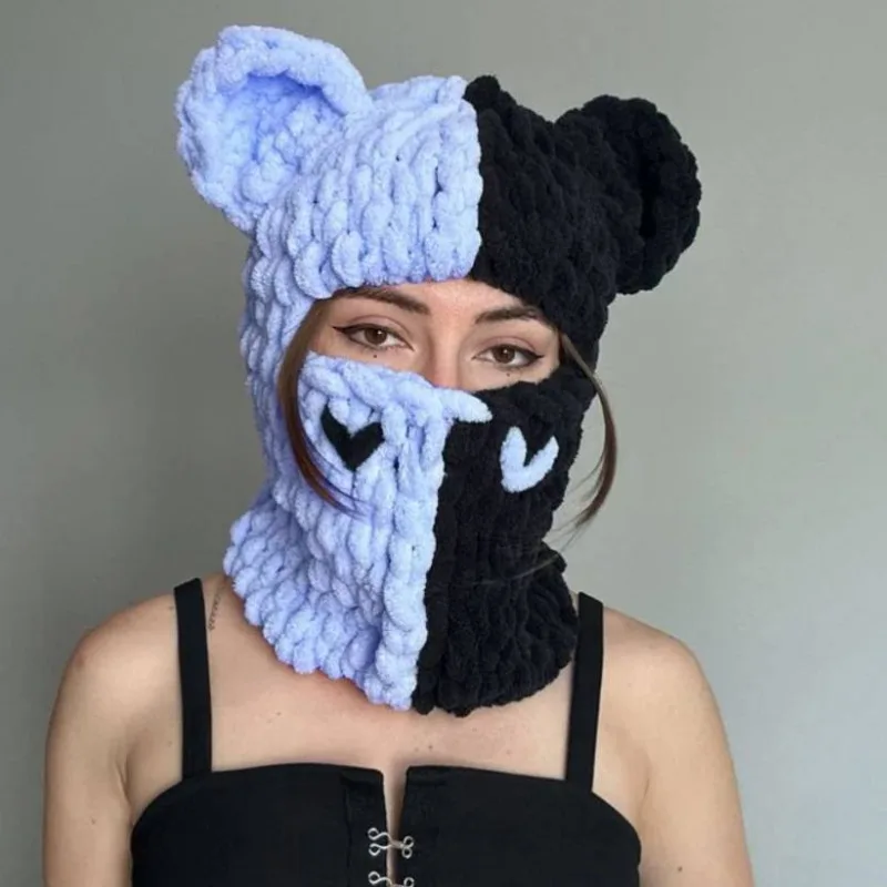 Handmade Knitted Color Matching Sweet Cool Bear Ear Wool Mask Beanie - Blue Black