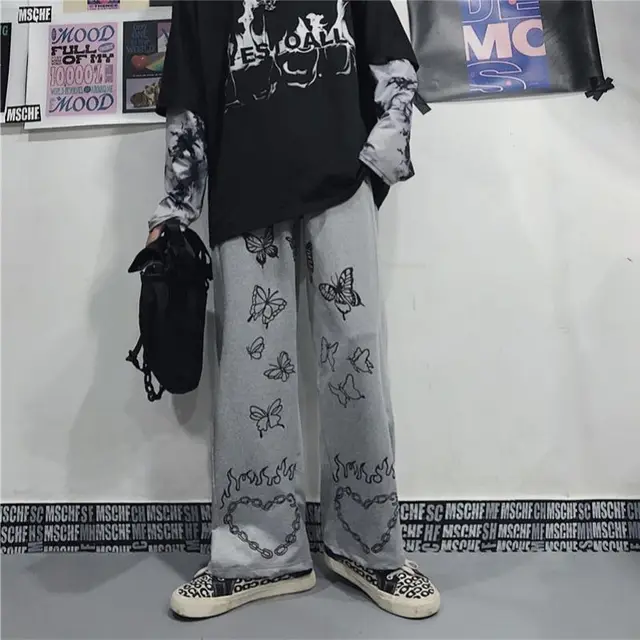 Retro Butterfly Print Wide Leg High Waist Women's Casual Pants Grey Fleece Lining - Shop at LoveMi