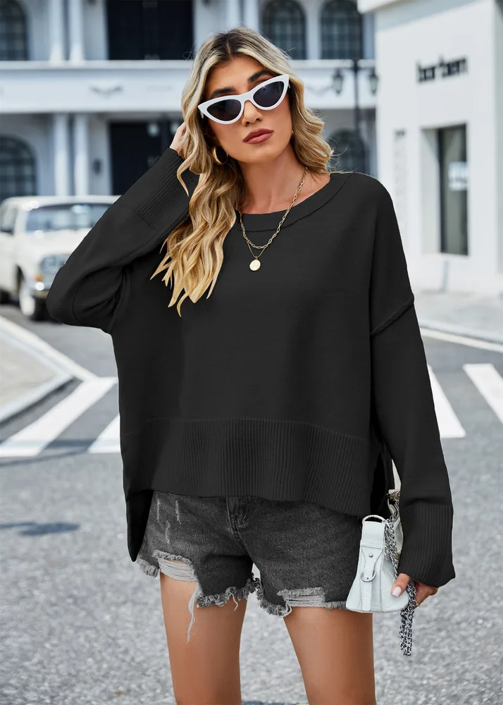 Round Neck Women's Knitwear Bell Sleeve Solid Color Sweater Black - Shop at LoveMi
