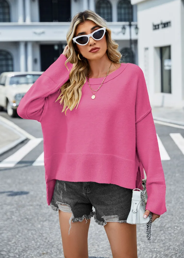 Round Neck Women's Knitwear Bell Sleeve Solid Color Sweater Red - Shop at LoveMi