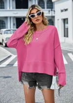 Round Neck Women's Knitwear Bell Sleeve Solid Color Sweater - Rose Red
