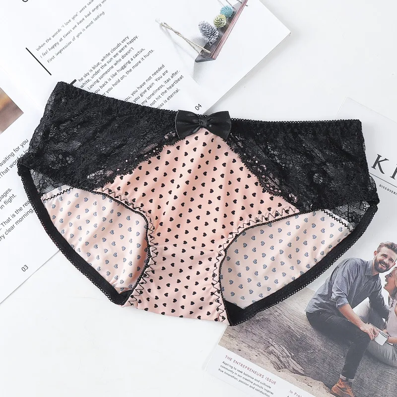 Women's Ice Silk Refreshing Low Waist Cute Bow Briefs - Foundation Black Peach Heart