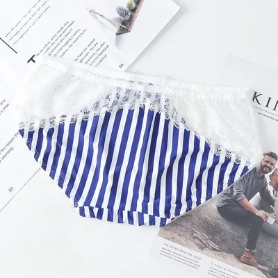 Women's Ice Silk Refreshing Low Waist Cute Bow Briefs Sapphire Blue White Stripes - Shop at LoveMi