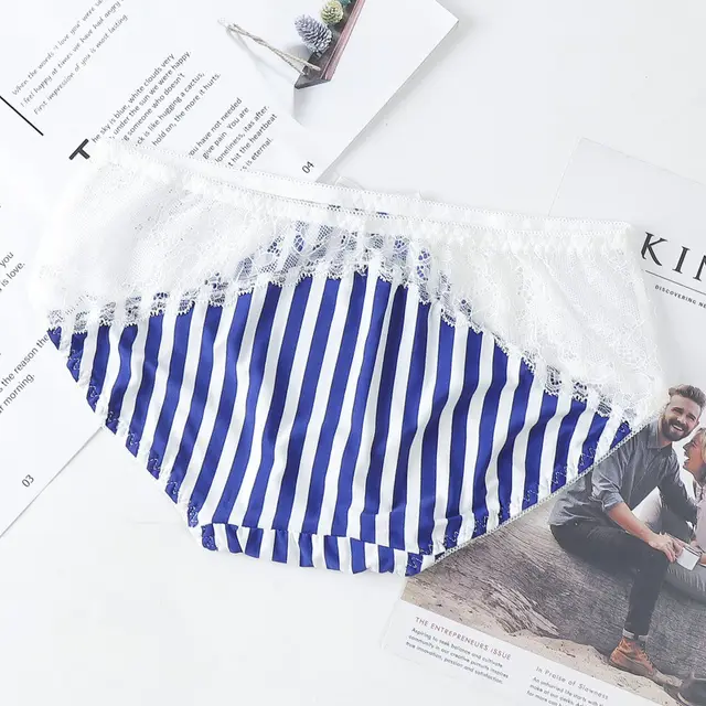 Women's Ice Silk Refreshing Low Waist Cute Bow Briefs Sapphire Blue White Stripes - Shop at LoveMi