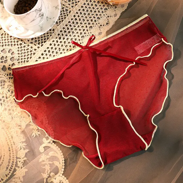 Transparent Underwear Confused Mesh Hot Lace Bow Ruffled Classic Briefs Wine Red - Shop at LoveMi