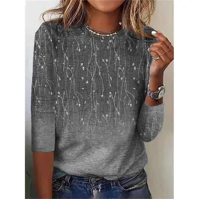 Women's Long Sleeve Flower Theme Printed Casual Loose Top Gray - Shop at LoveMi