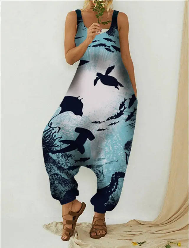 Cute Animal Print Loose Plus Size Casual Beach Overalls B Sea Blue - Shop at LoveMi