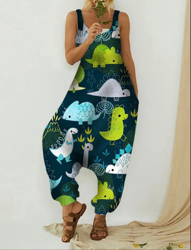 Cute Animal Print Loose Plus Size Casual Beach Overalls C Pangolin - Shop at LoveMi