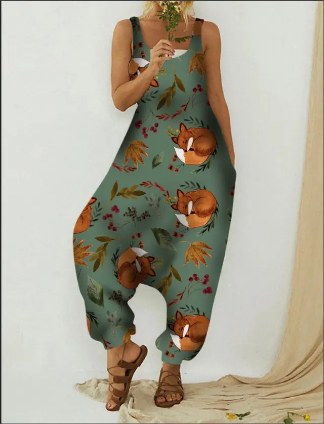 Cute Animal Print Loose Plus Size Casual Beach Overalls E Fox - Shop at LoveMi