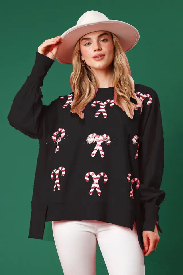 Christmas Fashion Round Neck Sequins Pullover Sweater Black - Shop at LoveMi