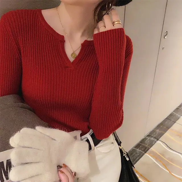 Women's V neck Sweatshirt Casual Bottoming Shirt Slim fit Long sleeved Shirt Red - Shop at LoveMi