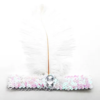 Ostrich Hair Sequined Diamonds Headband - Indian Feather Headwear White