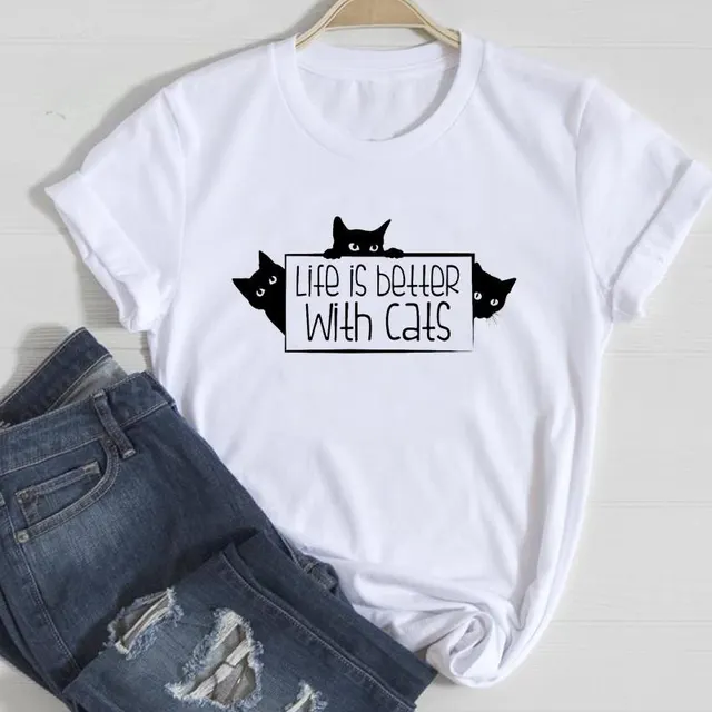 Cat Cute Printed European And American Short Sleeve White Aqp30319 - Shop at LoveMi