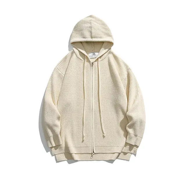 Hooded Zip Cardigan Sweater Loose Women's Knitted Coat Creamy White - Shop at LoveMi