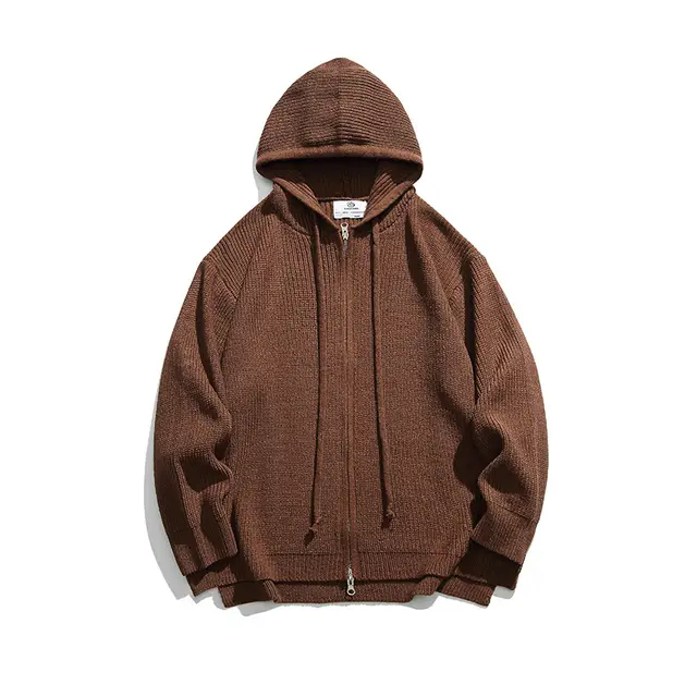 Hooded Zip Cardigan Sweater Loose Women's Knitted Coat Dark Brown - Shop at LoveMi
