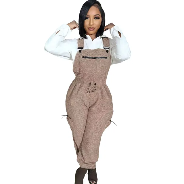 Casual Women's Loose Fashion Drawstring Jumpsuit Bib Brown - Shop at LoveMi