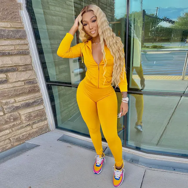 Sales Sports Suit New Women's Multi color Hooded Slim Fit Casual Suit Yellow - Shop at LoveMi